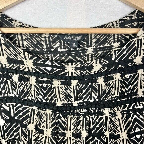 Lucky Brand Black & Tan Cross Hatch Geometric Printed 3/4 Sleeve Blouse M - Picture 3 of 4